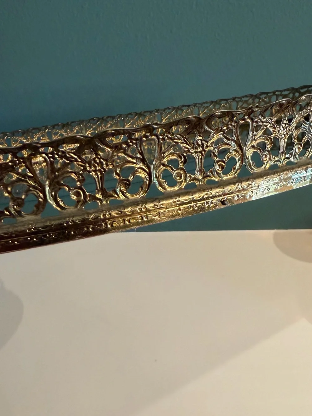 Vintage 16” Oval Mirrored Vanity Tray Ornate Gold Filigree Hollywood Regency